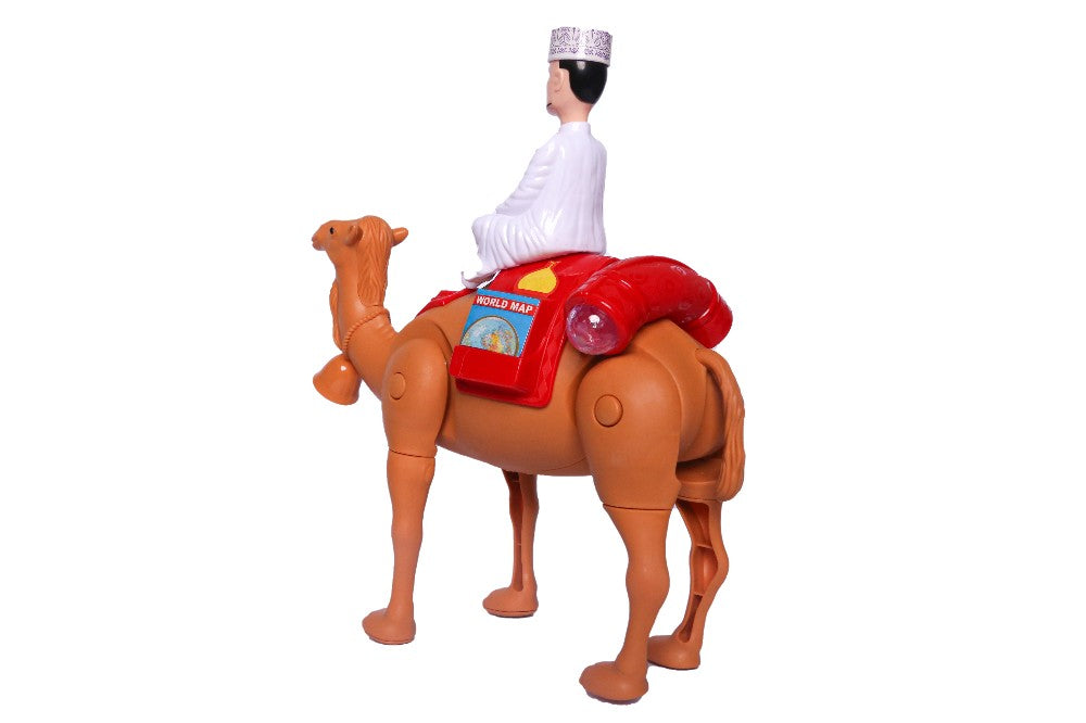 Toy figure of a person riding a camel on a white background