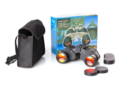 Children's binoculars with carrying case and packaging on a white background