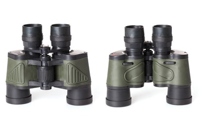 Two pairs of binoculars, one black and one green, on a white background