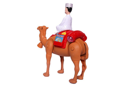 Toy figure of a person riding a camel on a white background