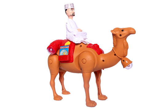 Toy figure of a man riding a camel on a white background